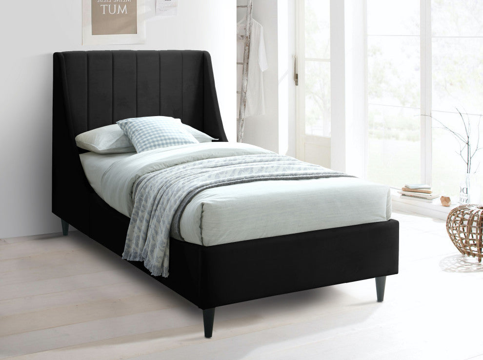 Eva Velvet Upholstered Bed, Black, Twin