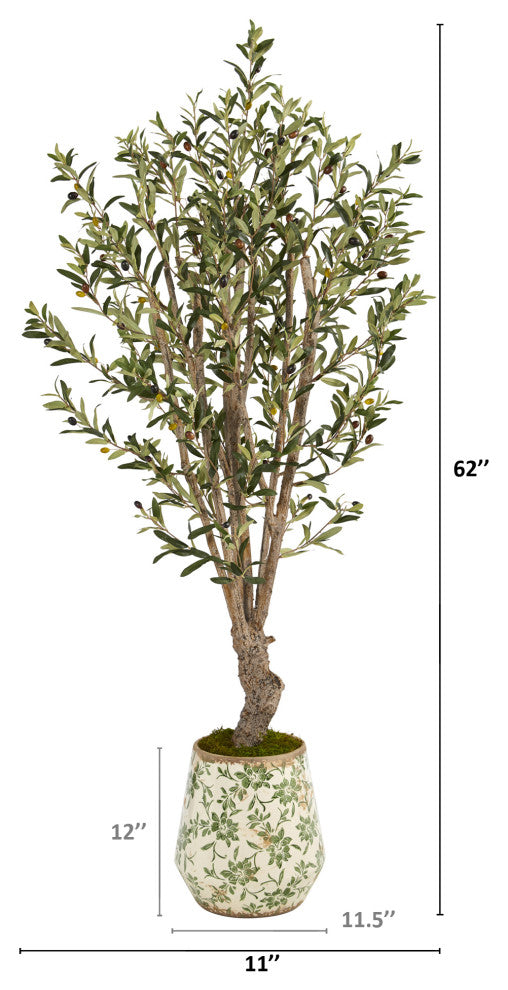 62" Olive Artificial Tree, Floral Print Planter