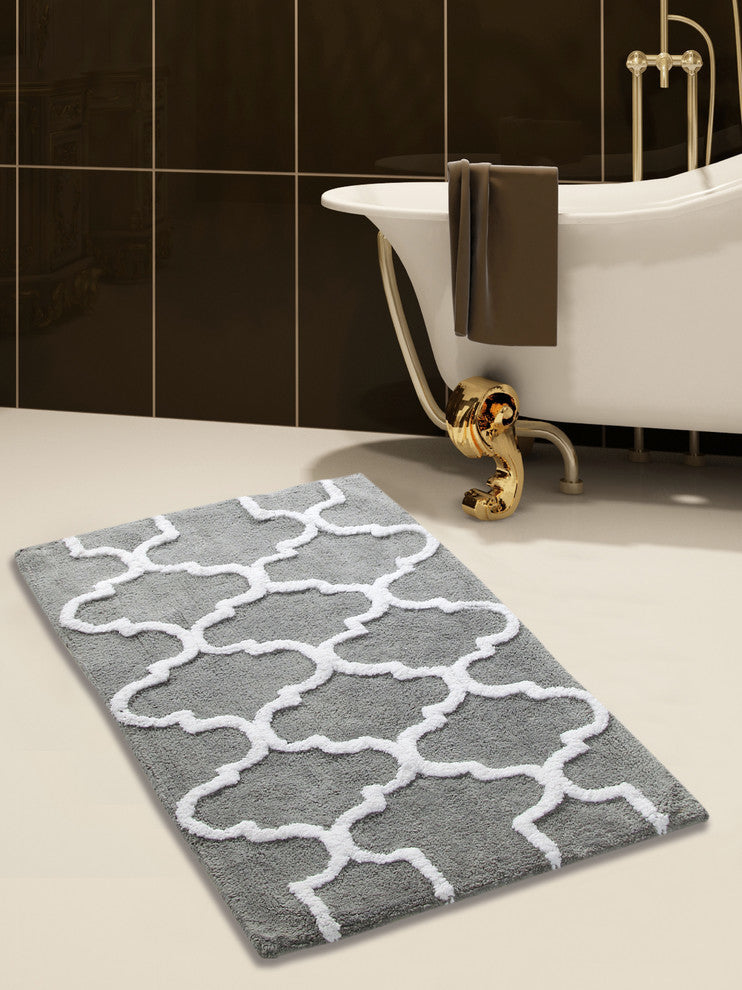 Cotton Dual Color Geometric Pattern Bath Rug, Gray, 50"x30"