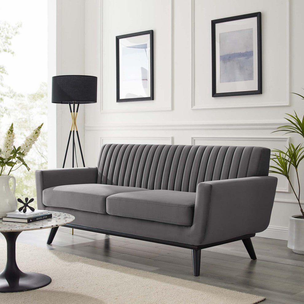 Tufted Loveseat Sofa, Velvet, Gray, Modern, Living Lounge Hotel Hospitality