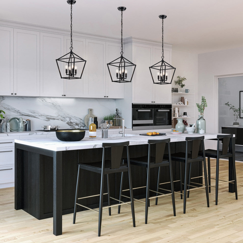 4-Light Matte Black Lantern Pendant Chandelier 12in. With Nickle or Black Sleeve