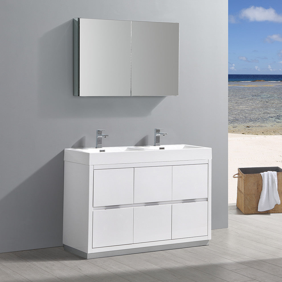 Valencia 48" Glossy White Free Standing Double Sink Vanity, Faucet FFT9151CH