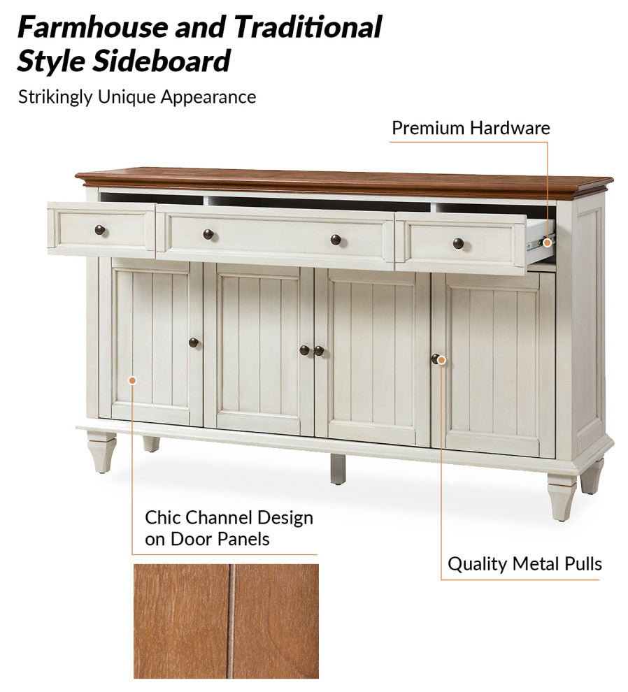 Traditional Sideboard With Storage With 3 Drawers, White