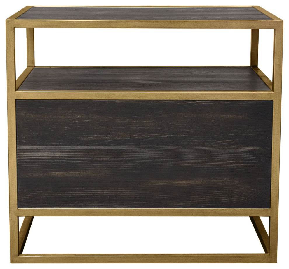 Empire 2-Door End Table, Dark Brown Veneer With Hand brushed Gold Metal Frame