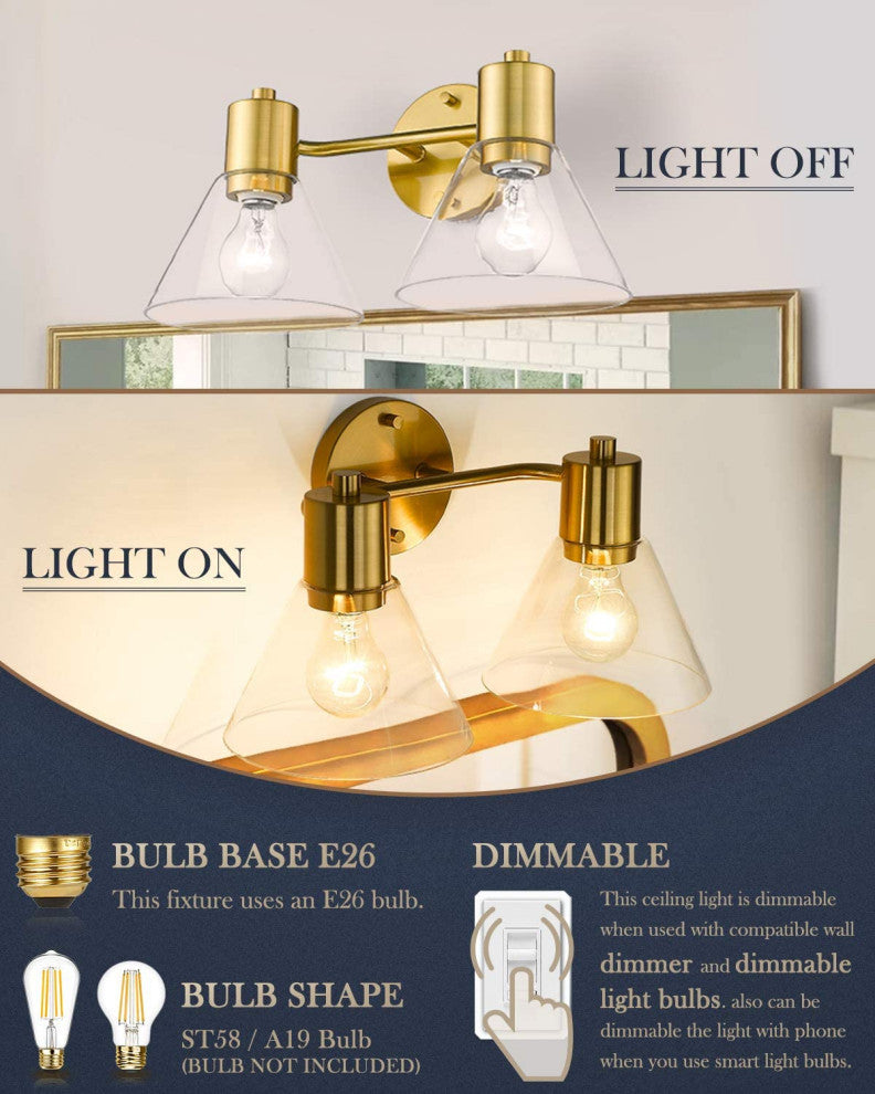 2 Light Modern Wall Lights Bathroom Vanity Wall Light Fixture With Glass Shade