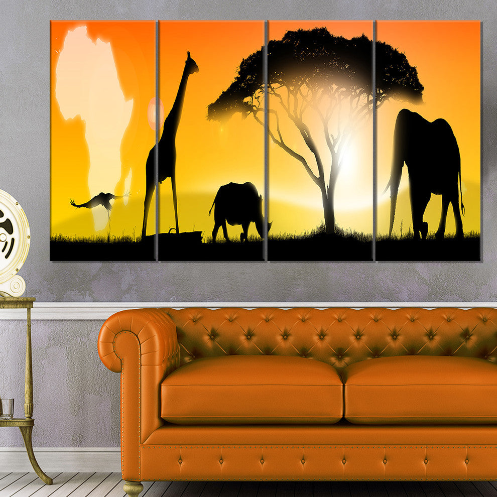 African Wildlife Panorama, African Canvas Art Print, 48"x28", 4 Panels
