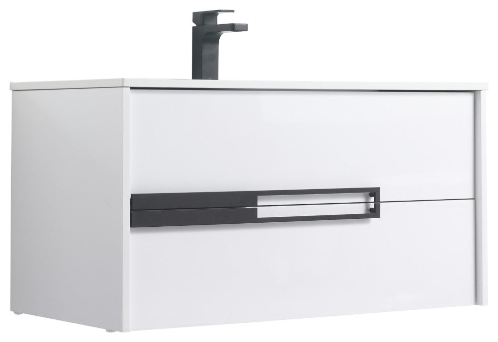 Brest Floating Bath Vanity with Sink, Wall Mounted Vanity and Sink, Glossy White, 36''
