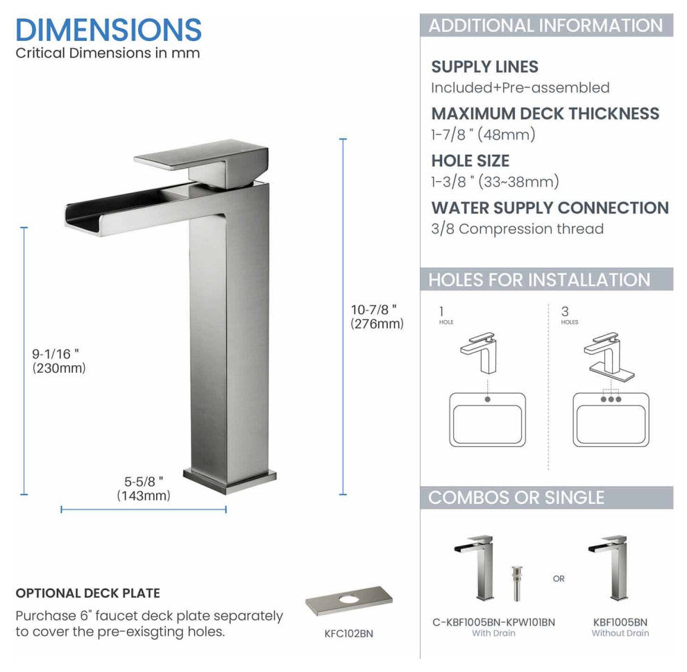 Waterfall Single Handle Vessel Sink Faucet KBF1005, Brushed Nickel, W/ Drain