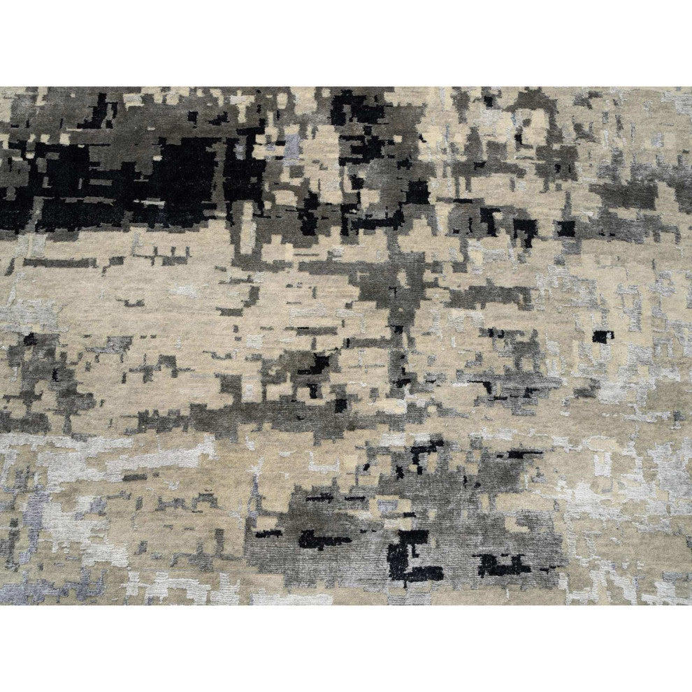 Gray Wool and Silk Hand Knotted Modern Abstract Design Oversized Rug 12'0"x17'9"