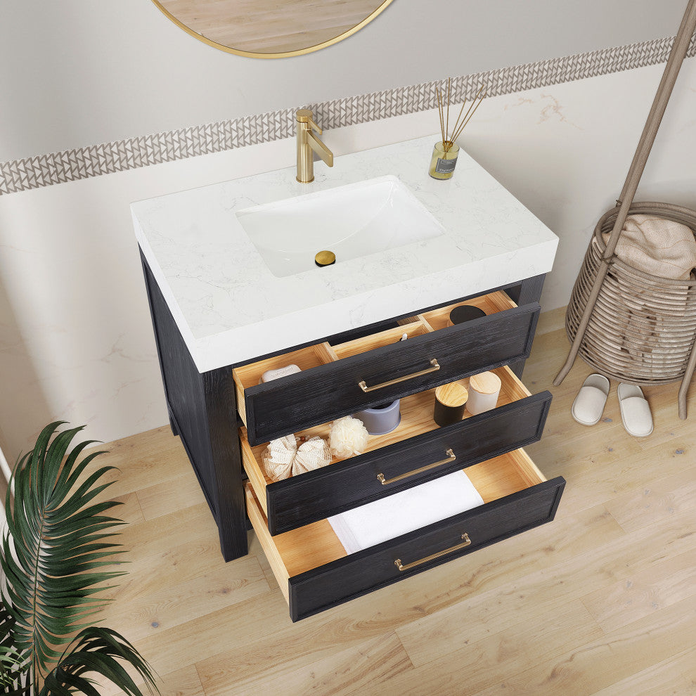 Leon Bath Vanity With Composite Stone Top, Fir Wood Black, 36", With Mirror