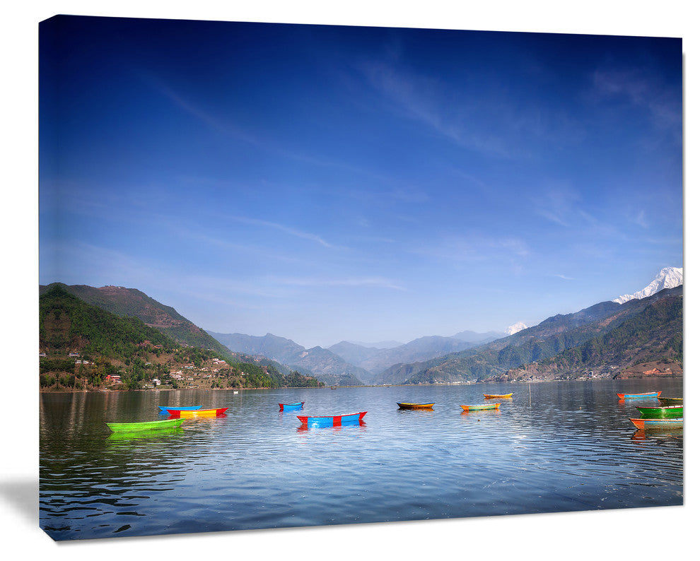 Boats in Pokhara Lake, Modern Seashore Canvas Wall Art, 20"x12"