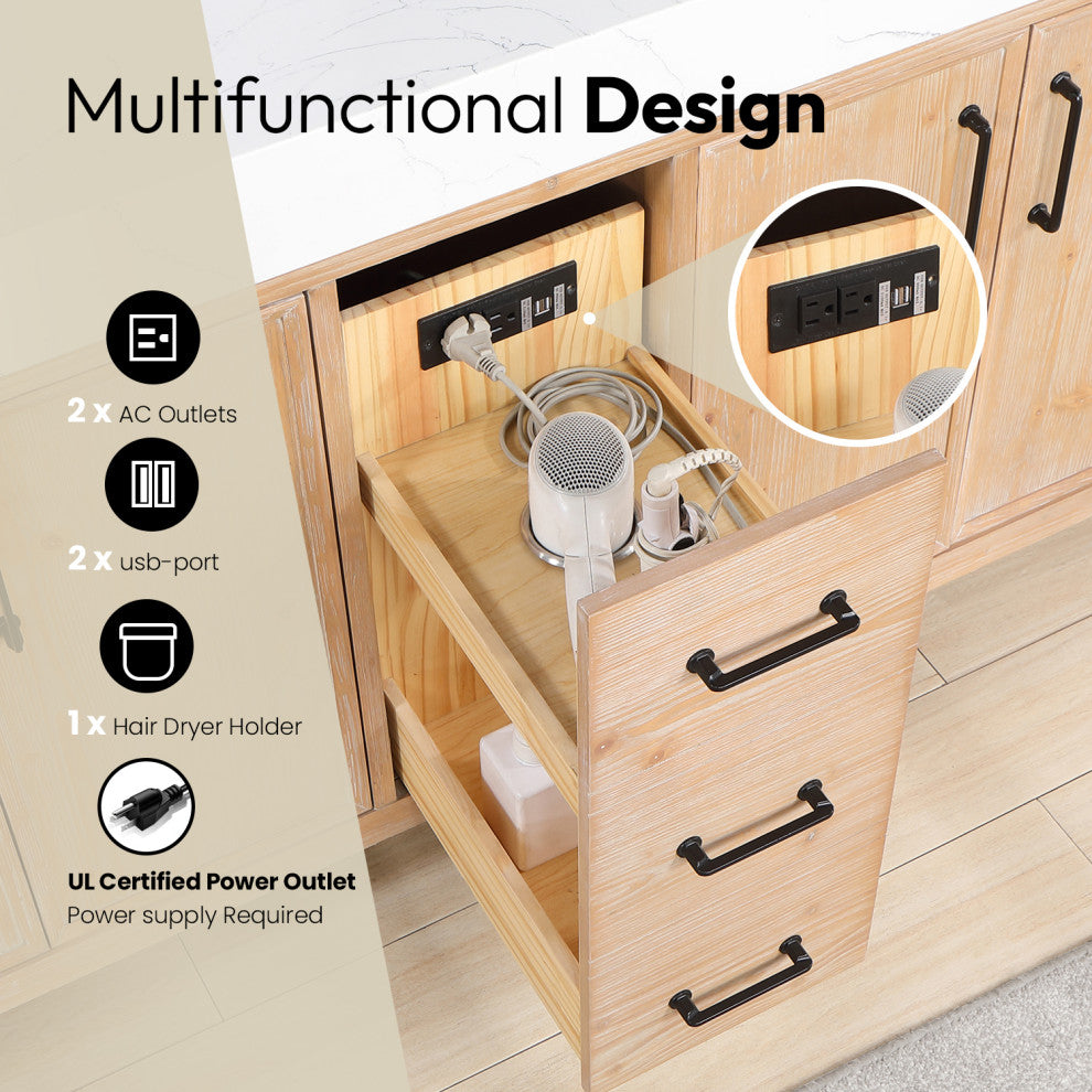 Leon Bath Vanity With Composite Stone Top, Fir Wood Brown, 84", No Mirror