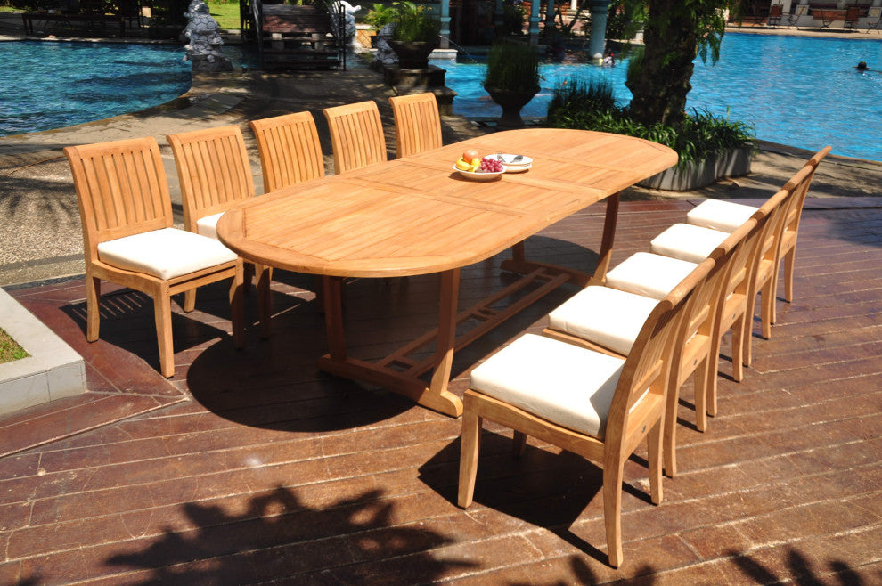11-Piece Outdoor Teak Dining: 117" Masc Oval Extn Table, 10 Lagos Armless Chairs
