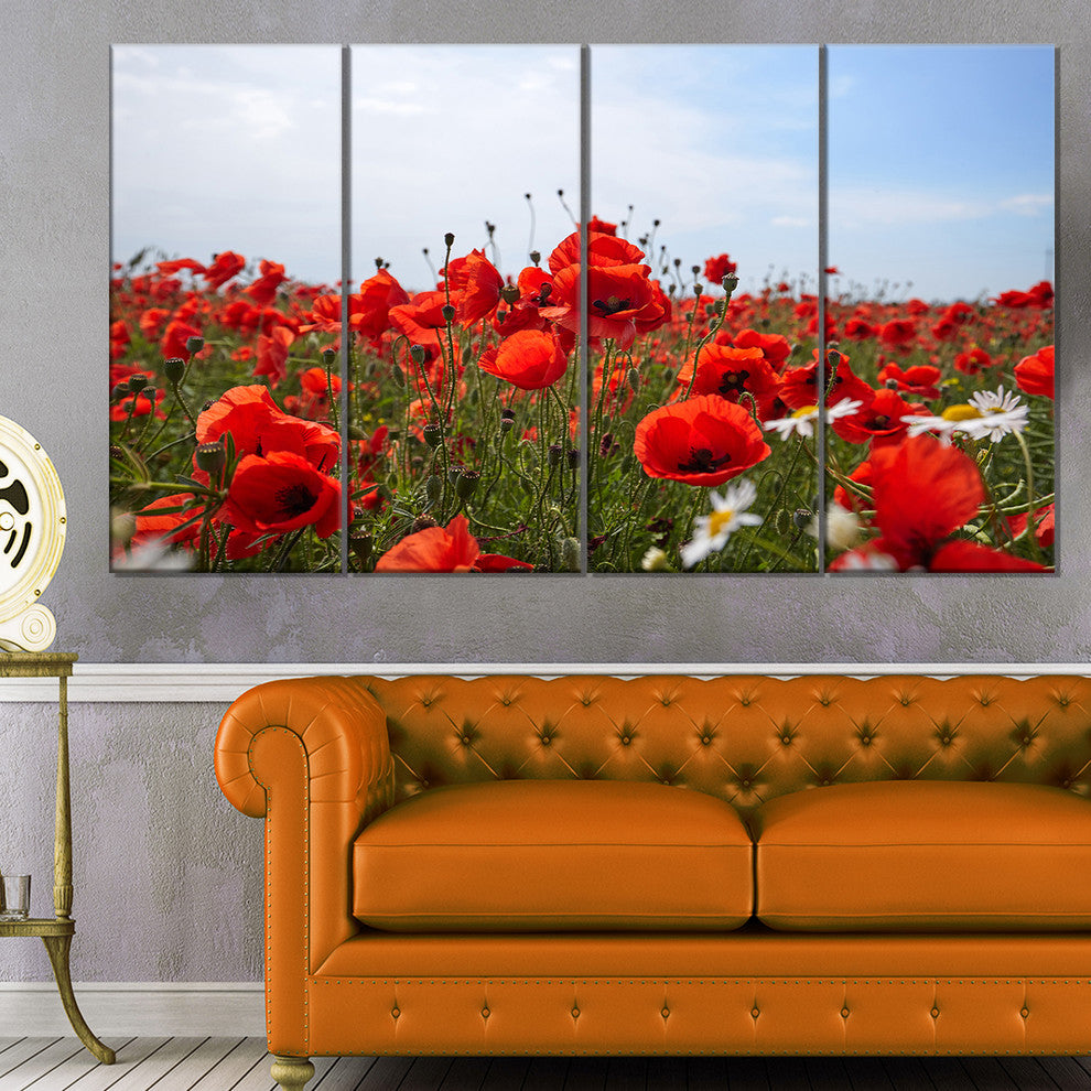 Red Poppies under Bright Blue Sky, Flower Artwork on Canvas, 48"x28", 4 Panels