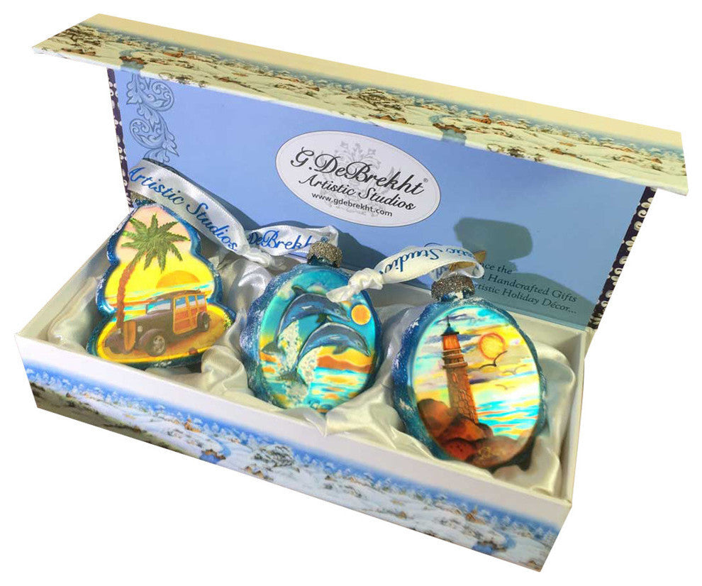 Scenic Glass Ornament Beach Bum, Set of 3