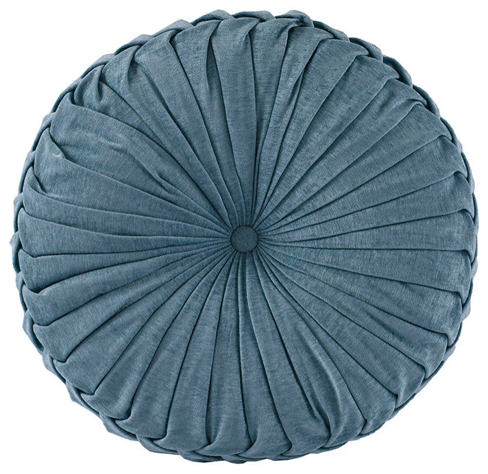 Pleated Poly Chenille Round Floor Pillow Seat Cushion, Aqua Blue