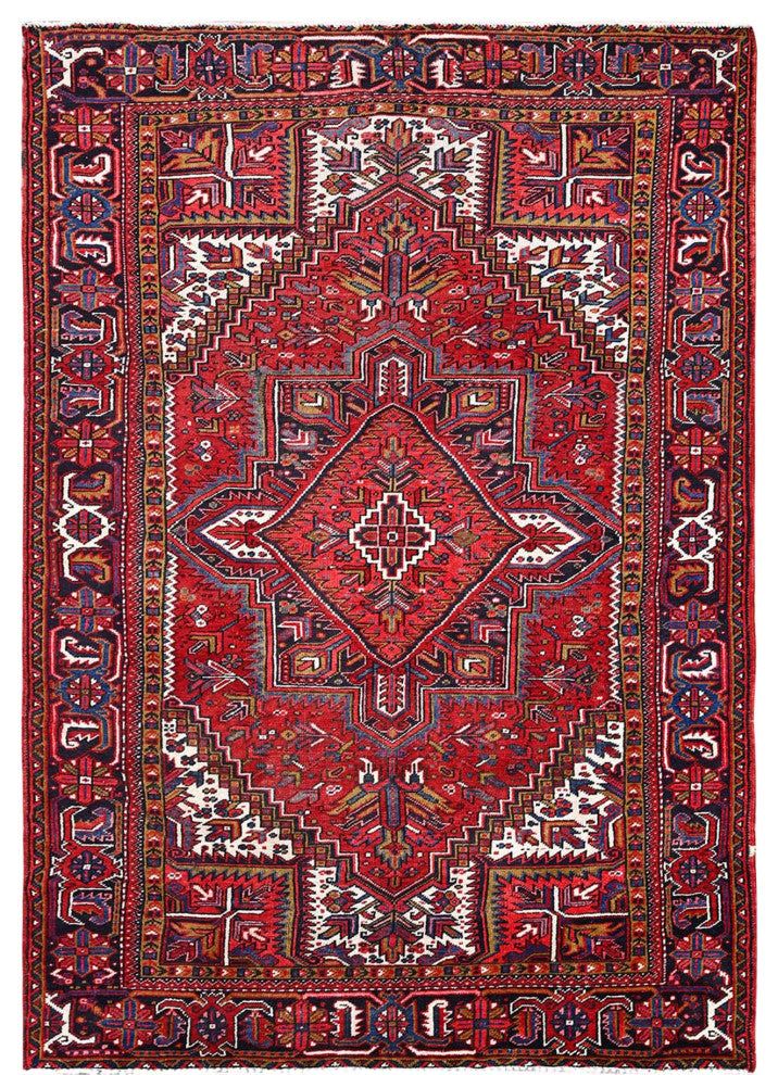 Carmine Red Vintage Persian Heriz Pure Wool Hand Knotted Oriental Rug 7'8"x11'