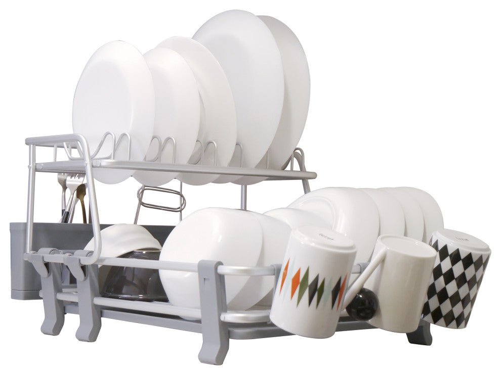 Aluminum 2-Tier Dish Drying Rack With Cutlery Holder