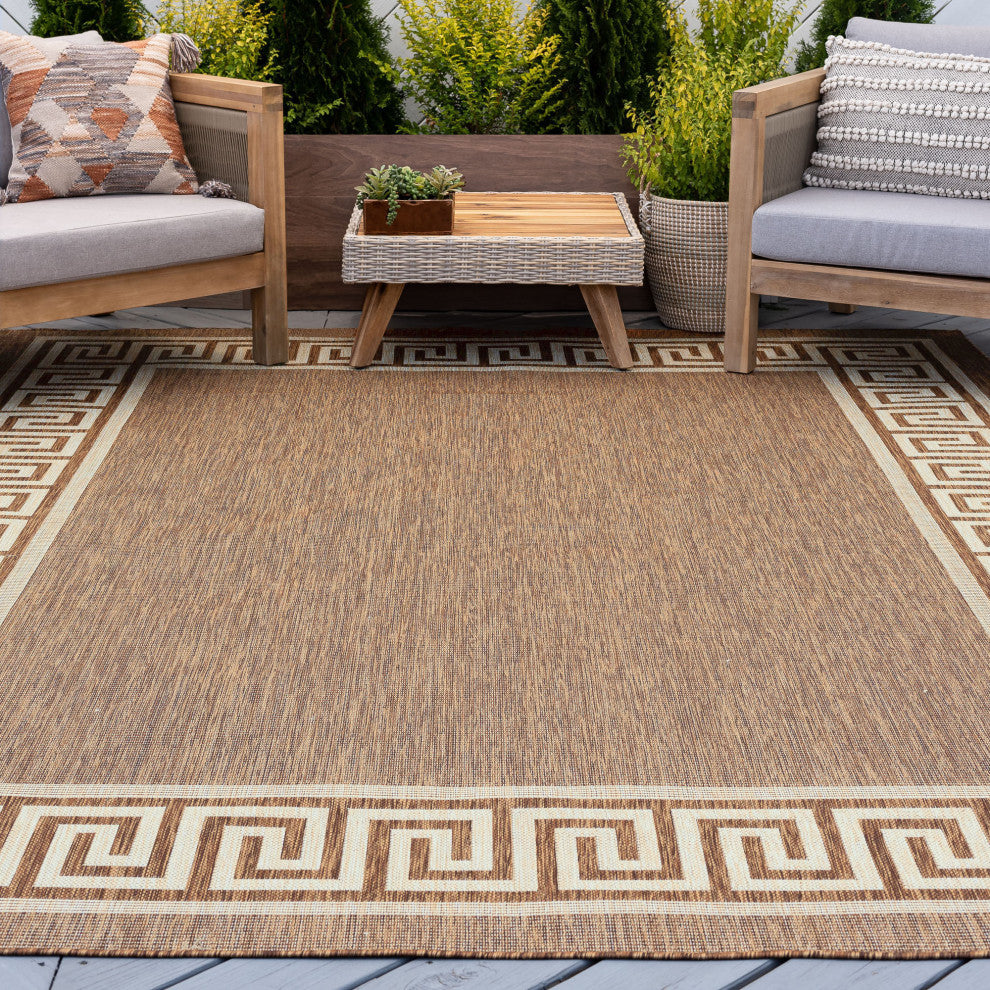 Giovanna Transitional Greek Key Gold/Cream Indoor/Outdoor Area Rug, 9'x12'