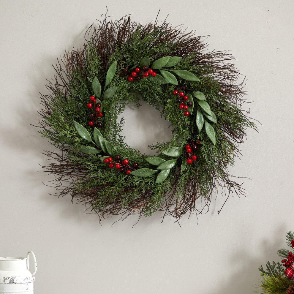 Nearly Natural NN4362 20" Cedar and Ruscus With Berries Artificial Wreath
