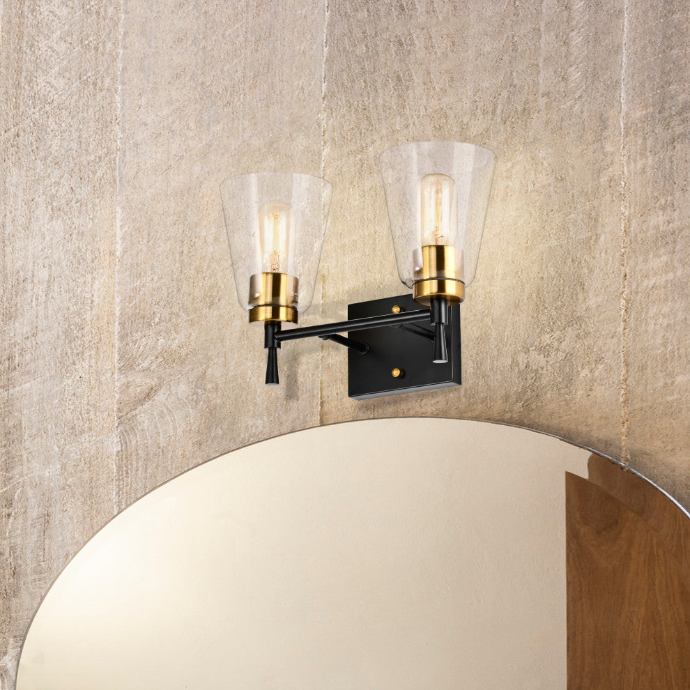 13 in. 2-Light Black and Antique Brass Vanity Light With Clear Glass Shades