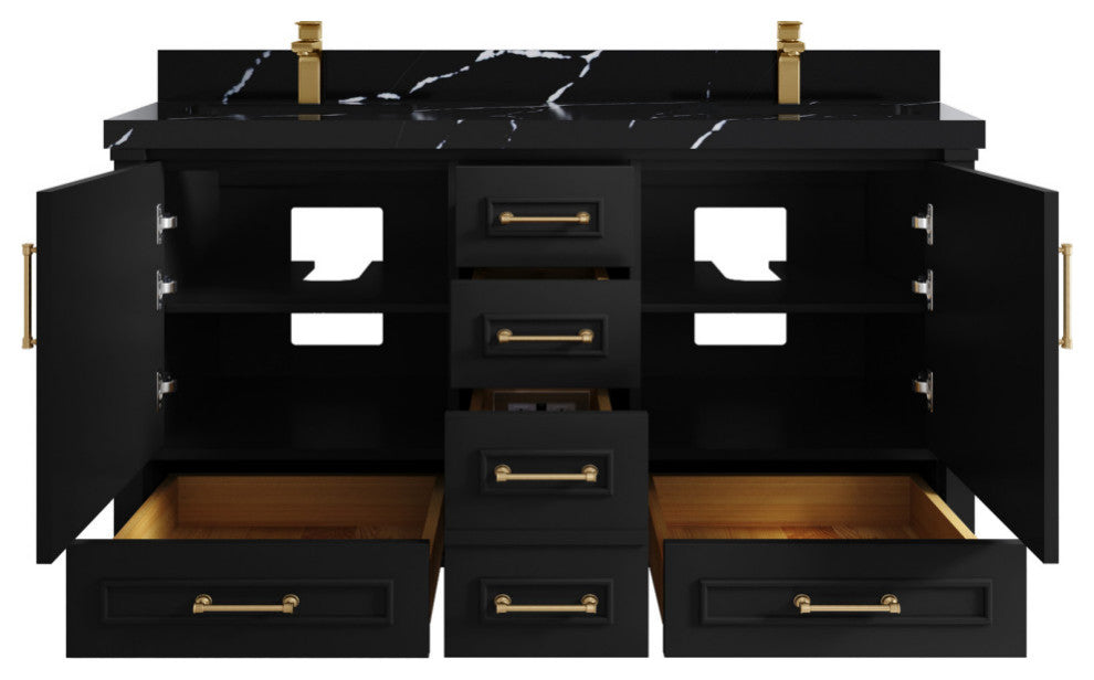 Aberdeen 60 Double Bathroom Vanity In Black 2" Calacatta Black