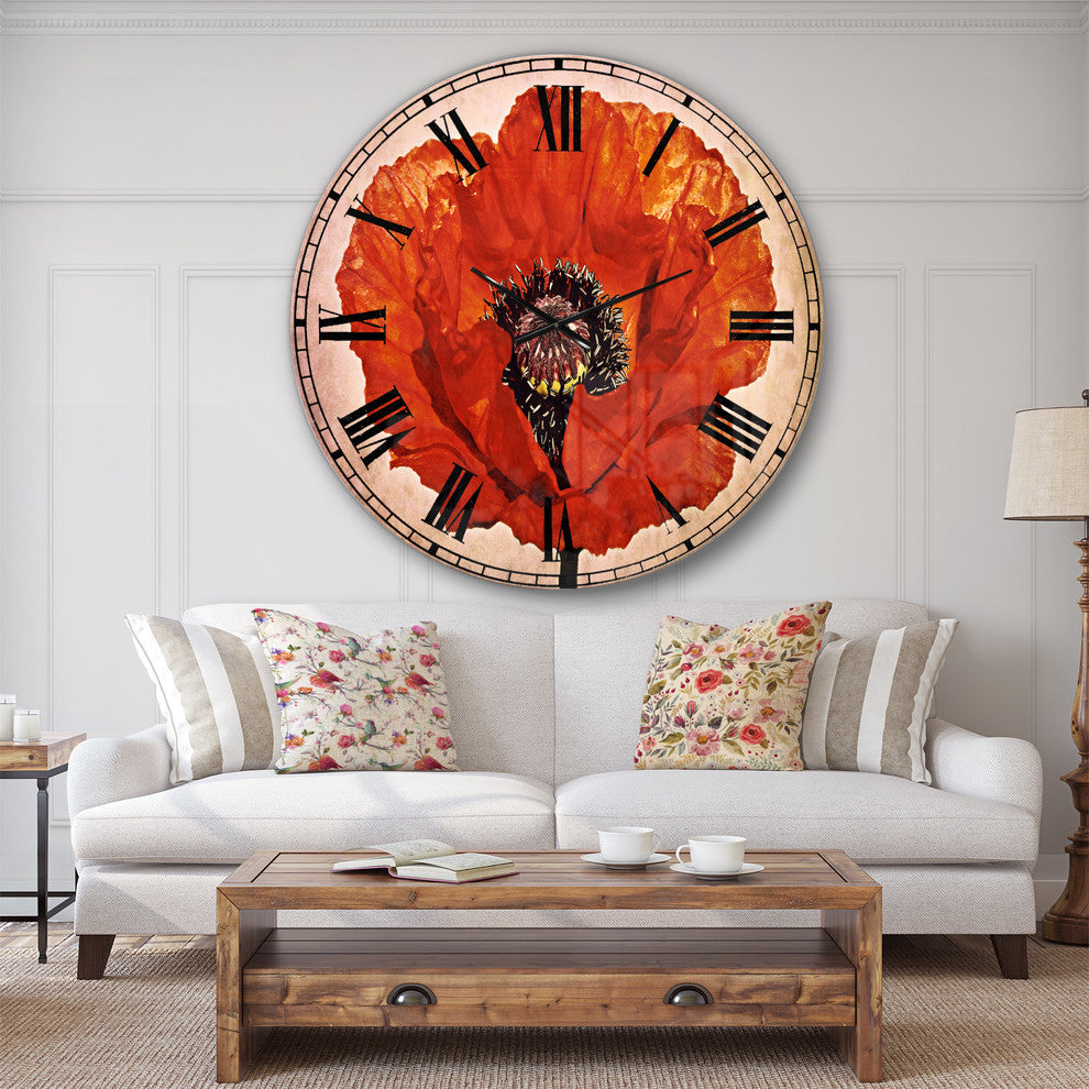 Red Poppy Blossom Close Up Floral Large Metal Wall Clock, 36x36