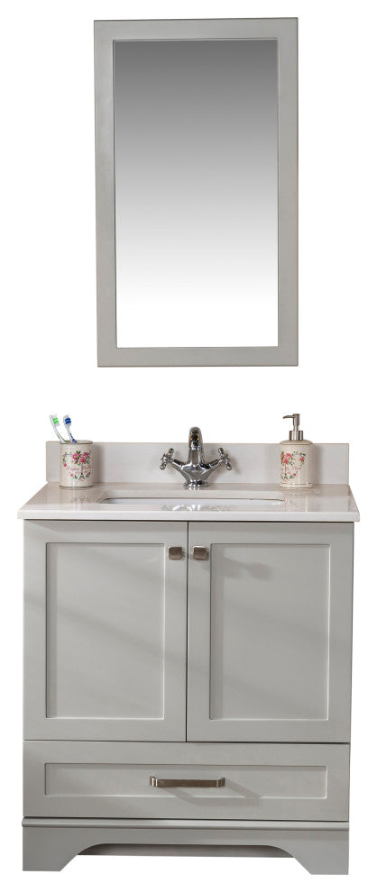Livia Collection 30" Bath Vanity Quartz Top and Ceramic Sink, Grey, 30"