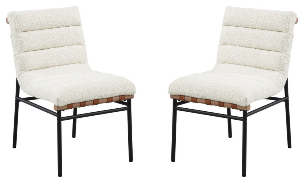 Lahni Boucle Fabric Set of 2 Dining Chair With Black Iron Legs, White