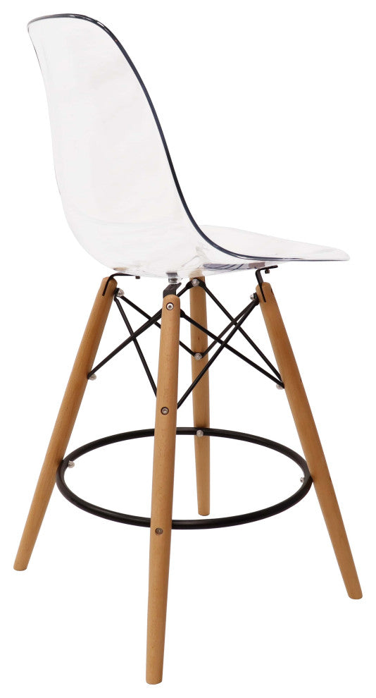 LeisureMod Dover Plastic Barstool With Beech Wood Legs and Footrest, Clear
