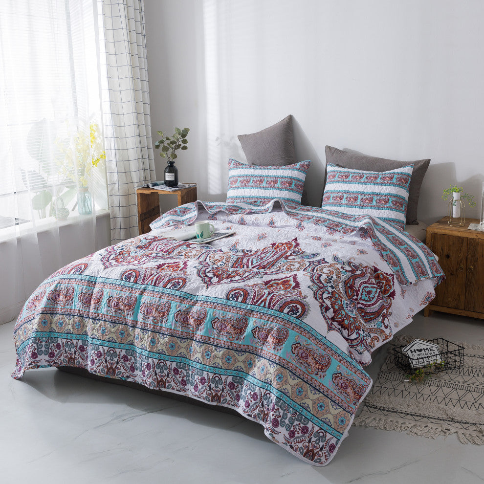 Bohemian Coconut White Sky Beach Vibes Floral Paisley Bedspread Set, California