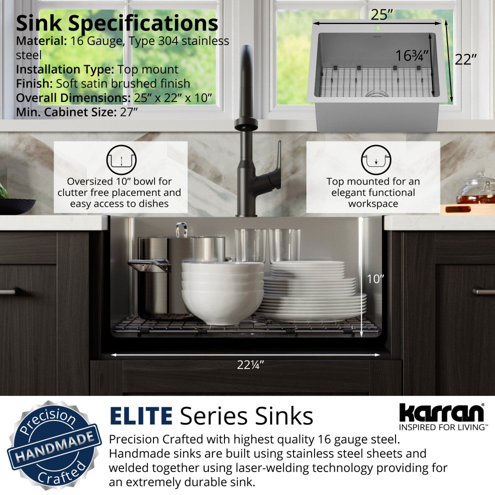Karran Top Mount Stainless Steel 25" 16-Gauge Drop-In Single Bowl Sink Kit