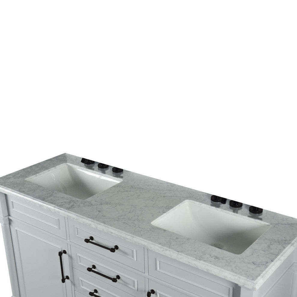 60" Double Vanity, Light Gray With White Carrara Marble Top