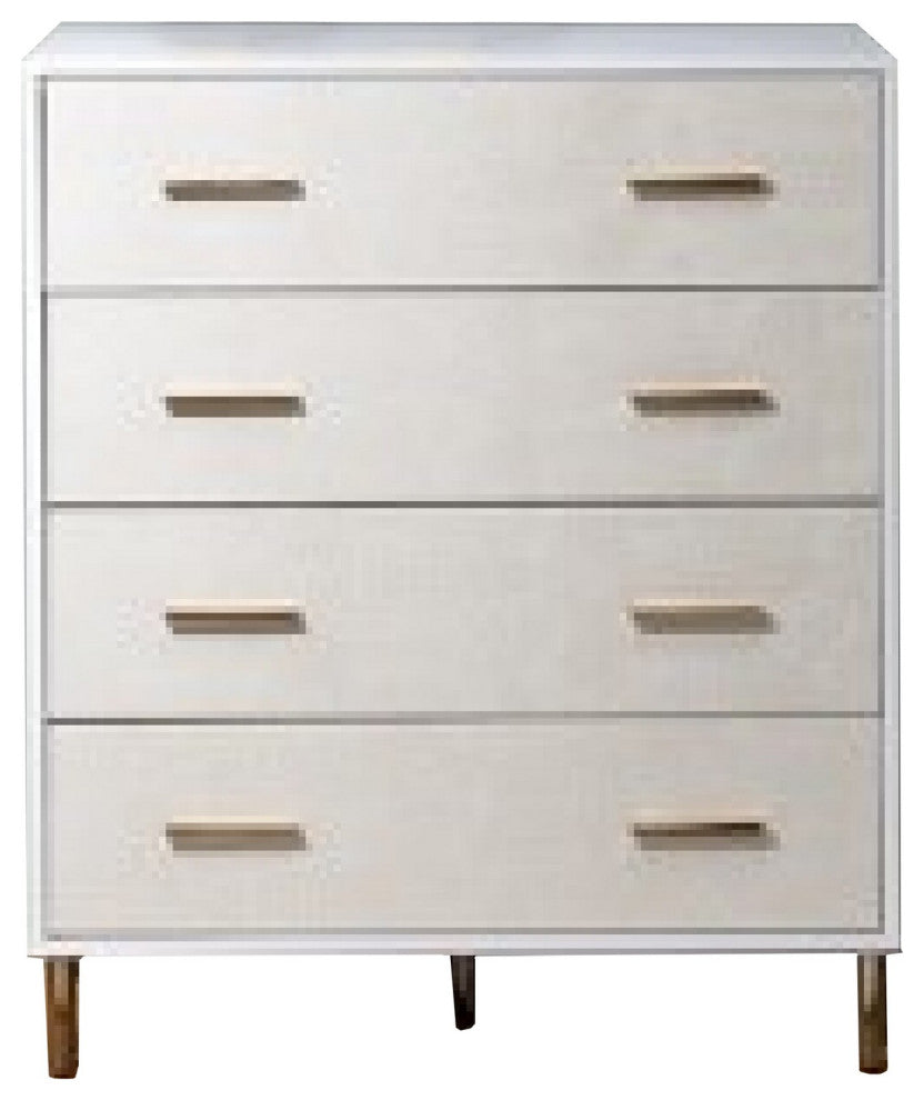 Benzara Emily 37" Wood Tall Dresser Chest, 4 Drawers Gold Handles, White
