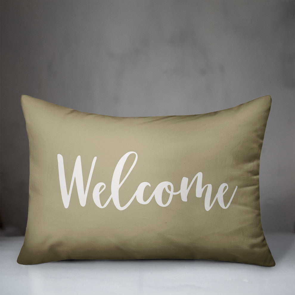 Welcome Lumbar Pillow, Beige, 14"x20"