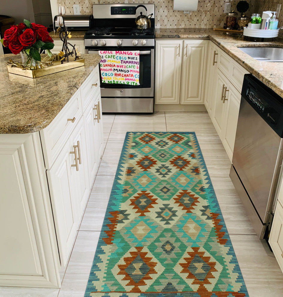 Sun Faded Kilim Mahabbat Blue/Rust Runner, 2'7x7'10