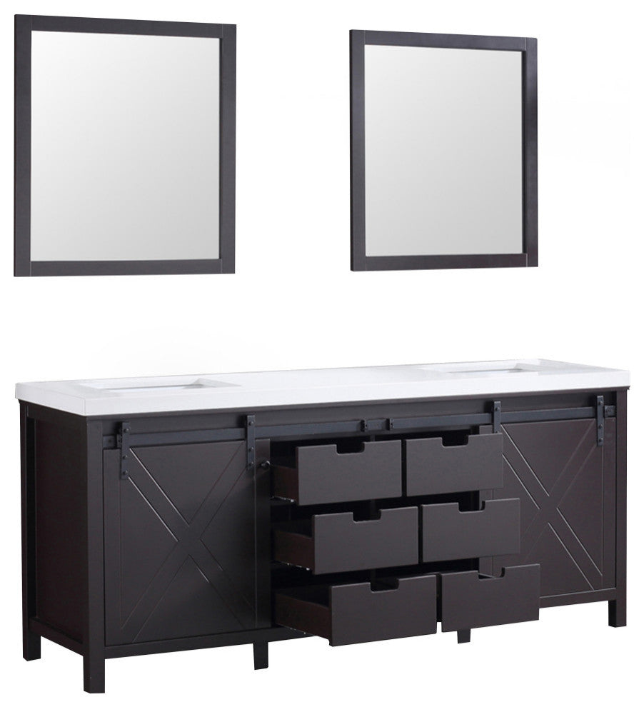 Marsyas 80" Brown Double Vanity Cabinet Quartz Top Sinks, 30" Wall Mirrors