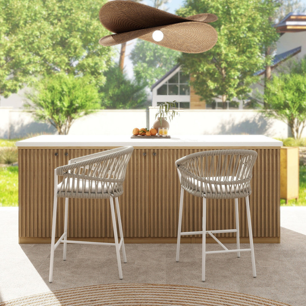 Maiden 27" Woven Barrel Back Outdoor Patio Counter Stool, Set of 2, Wheat Beige Axroma Olefin