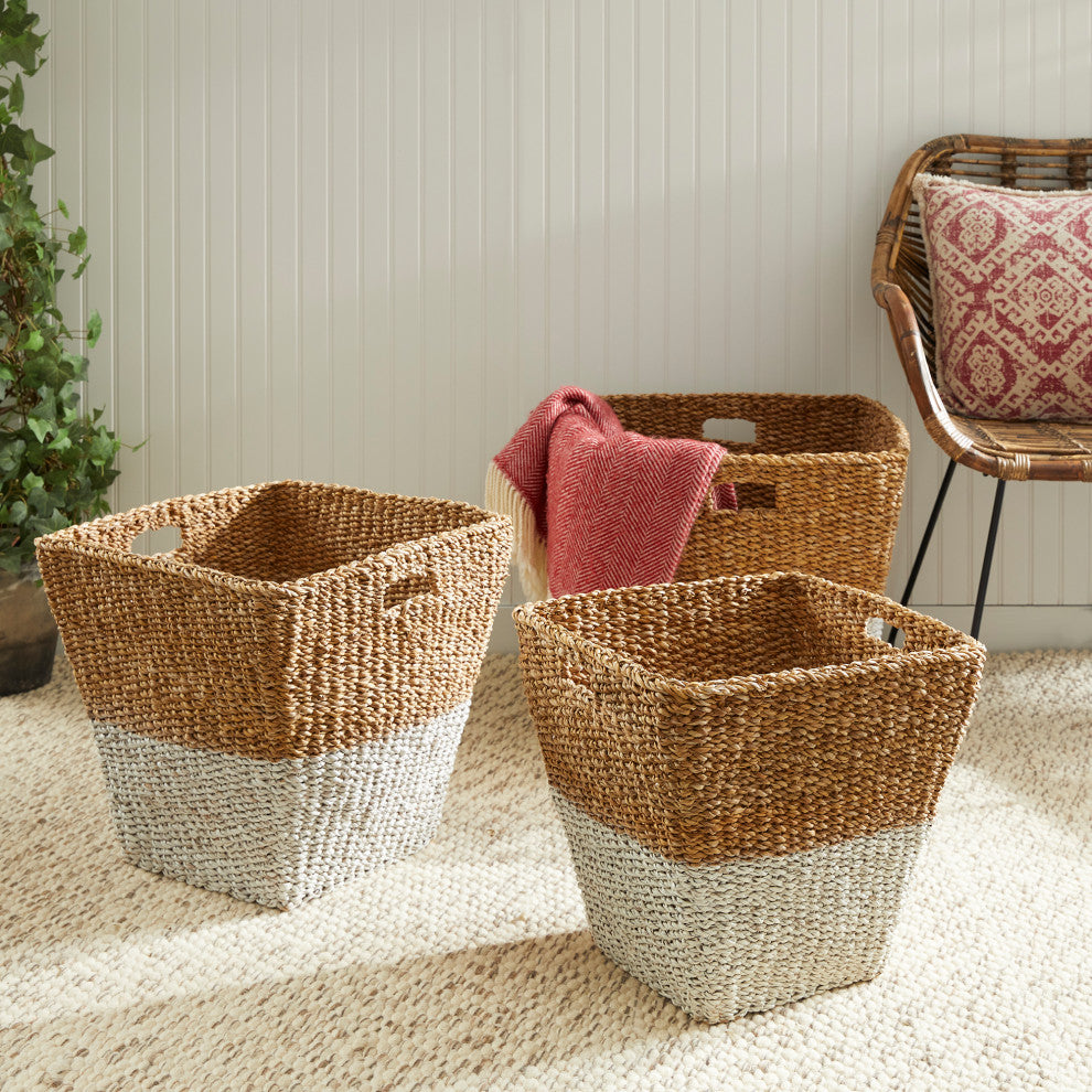 Set of 3 Two Tone Woven Sea Grass Tapered Square Storage Basket White Natural