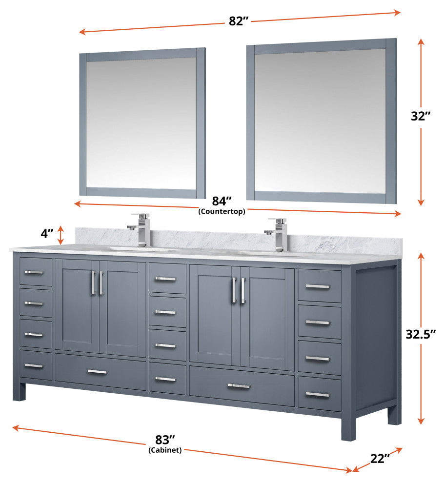 Jacques 84" Dark Gray Double Vanity Carrara Marble Top Sinks, 34" Wall Mirrors