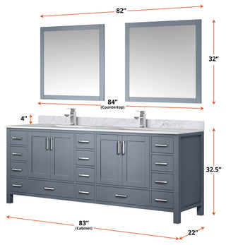 Jacques 84" Dark Gray Double Vanity Carrara Marble Top Sinks, 34" Wall Mirrors