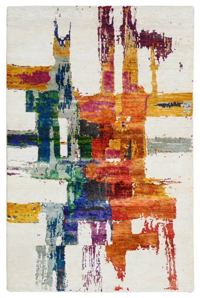 Colorful Modern Abstract Motifs Wool and Sari Silk Hand Knotted Rug, 3'0"x5'0"