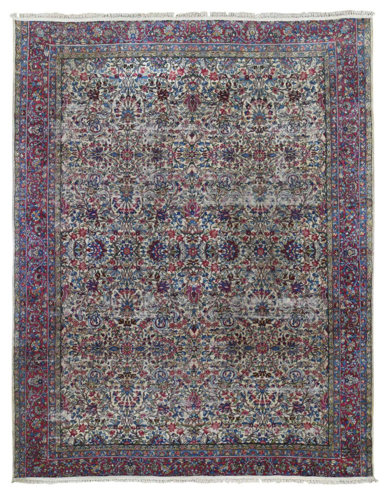 Beige Antique Persian Kerman with Areas of Wear Distressed Clean Rug, 8'9"x11'3"