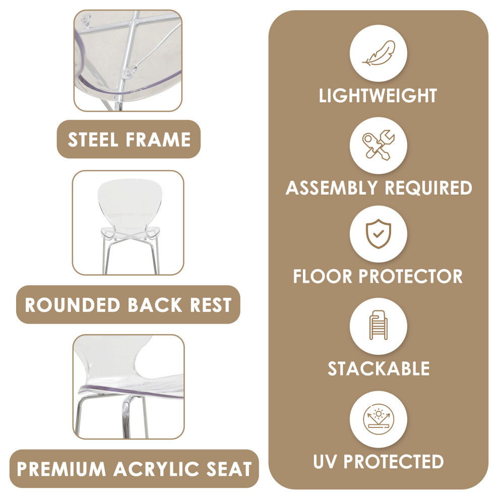 LeisureMod Oyster Acrylic Barstool With Steel Frame in Chrome Finish, Clear