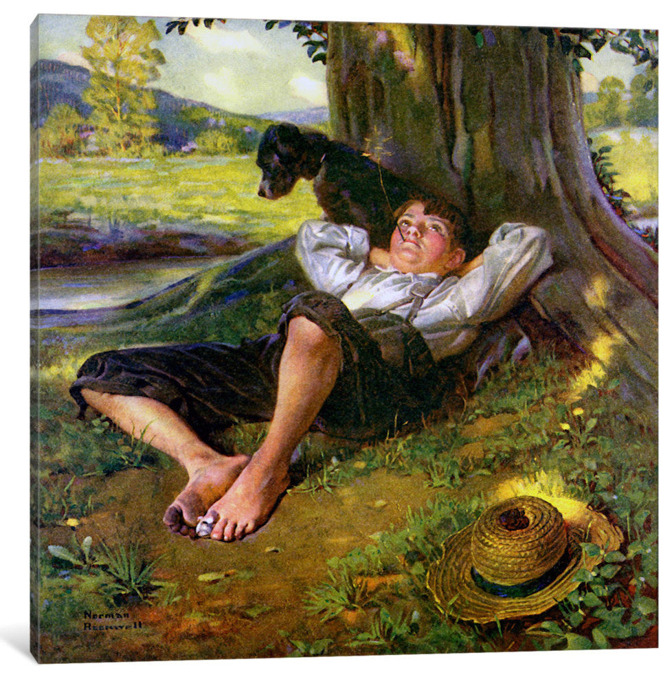 "Barefoot Boy Daydreaming" by Norman Rockwell, 26x26x1.5"