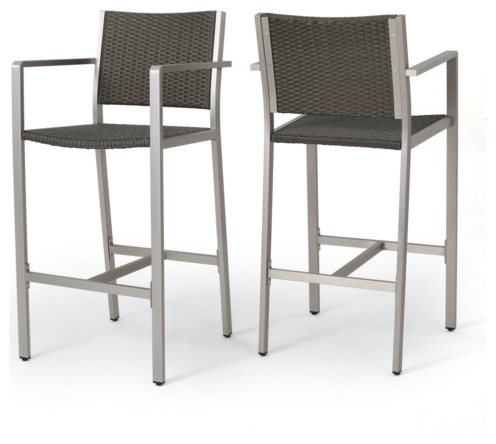 GDF Studio Capral Outdoor Gray Wicker Bar Stools, Set of 2