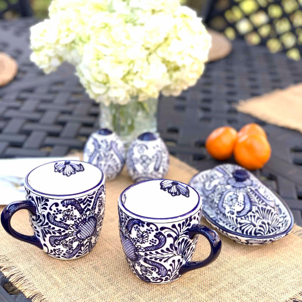 Handmade Mugs, Blue Flowers Pattern, Set of 2