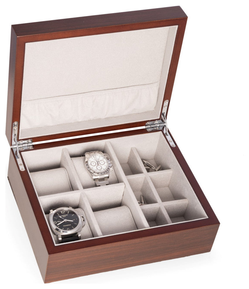 4 Watch and 6 Cufflink Storage Box, Walnut Matte Finish