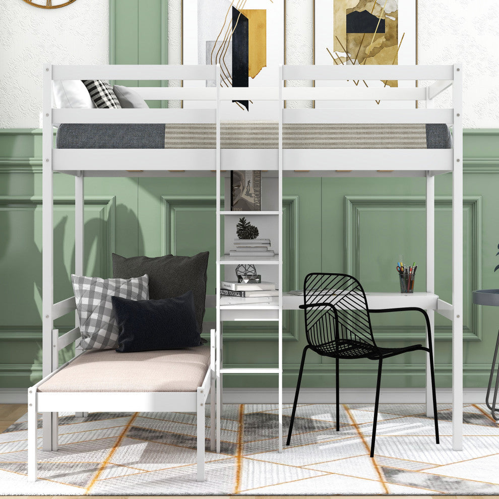Gewnee Wood Convertible Twin Loft Bed with L-Shape Desk in White