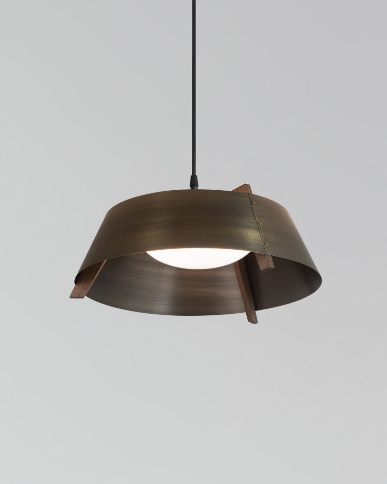 Casia 14" LED Pendant, Distressed Brass, Dark Stained Walnut, 2700k